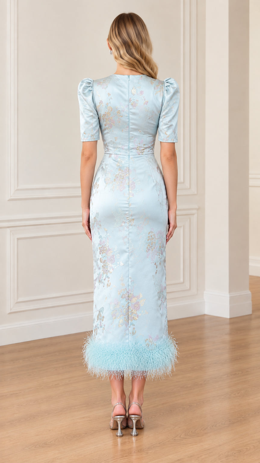 Back view of Light Blue puff sleeve midi dress with concealed zipper