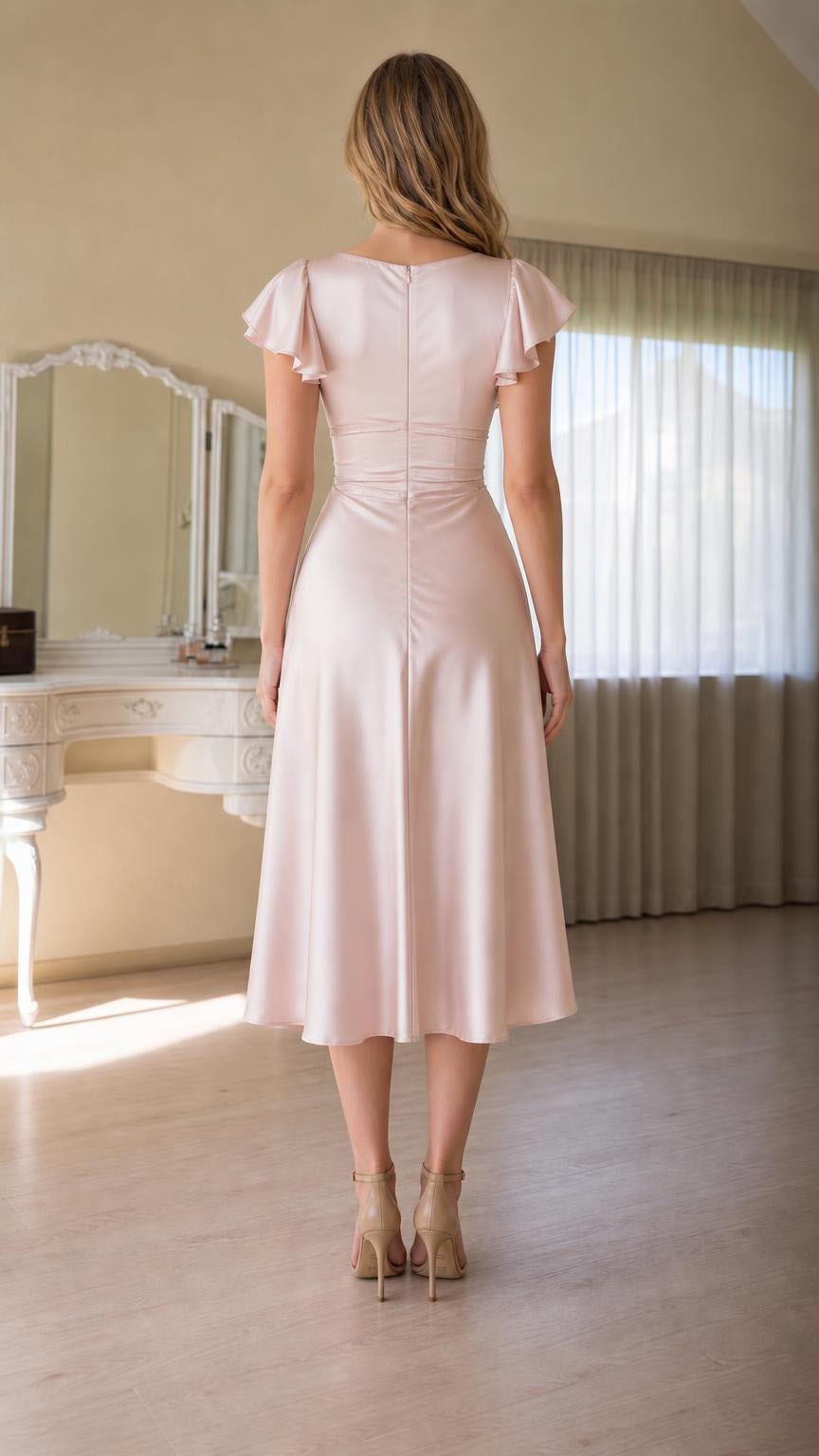 Back view of pink satin midi dress