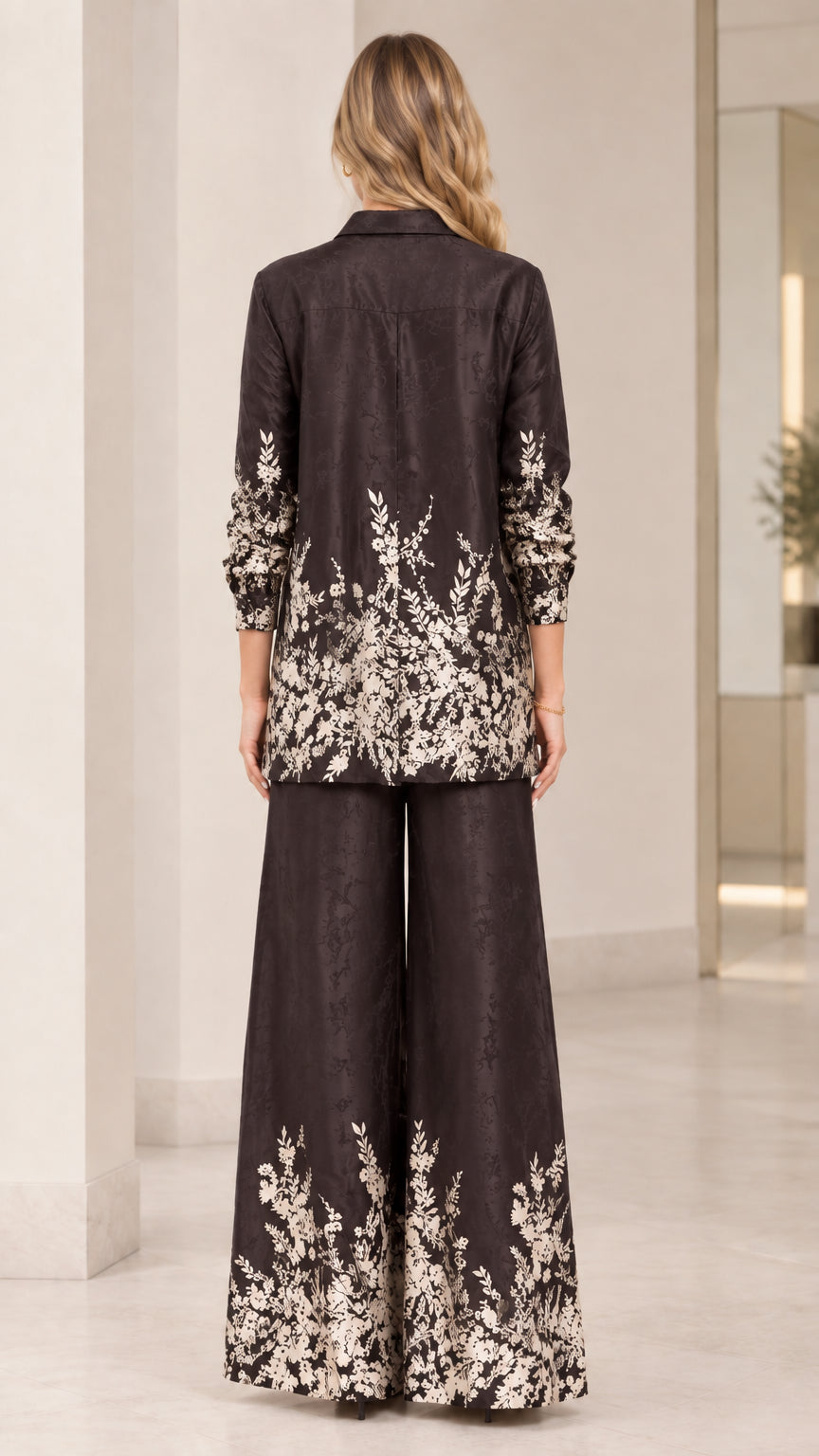 Back full view of floral print satin long-sleeve shirt and palazzo pants set in black