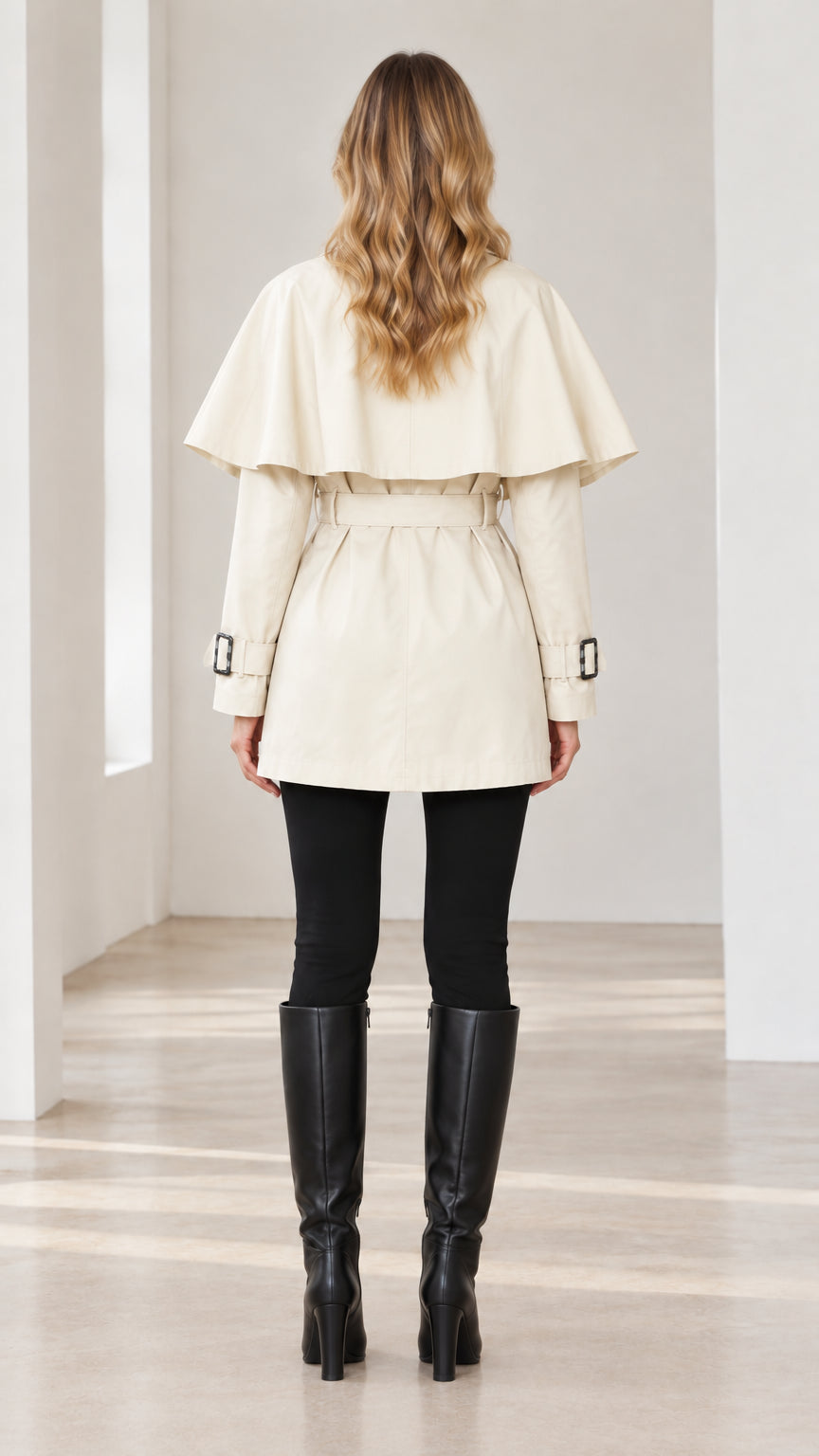 Back view of woman wearing Cream capelet trench coat showing layered cape detail across shoulders