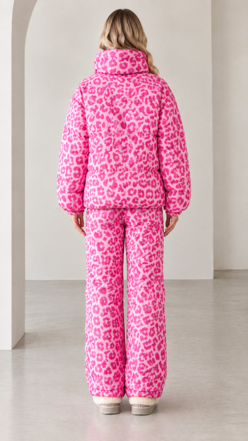 Back view of model wearing the pink leopard print two-piece puffer set