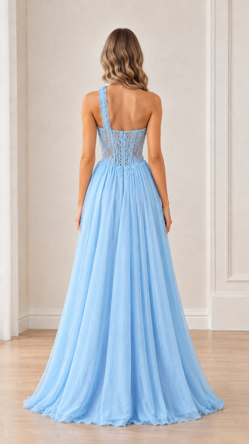 Model wearing Sky Blue formal maxi dress back view showing asymmetrical strap