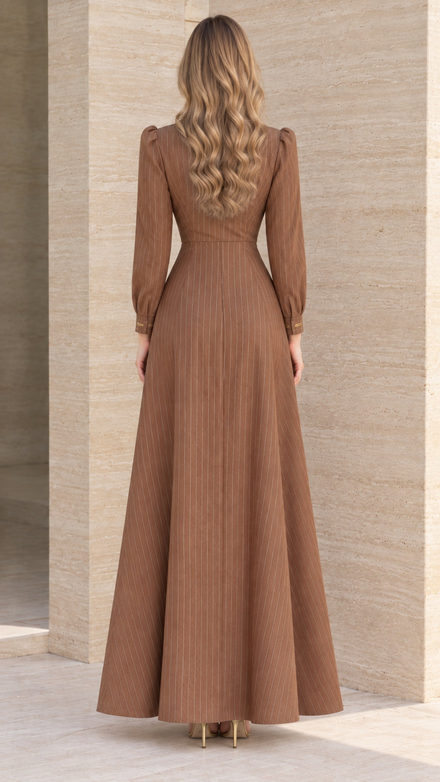 Back view of brown A-line pinstripe maxi dress showing fitted waist