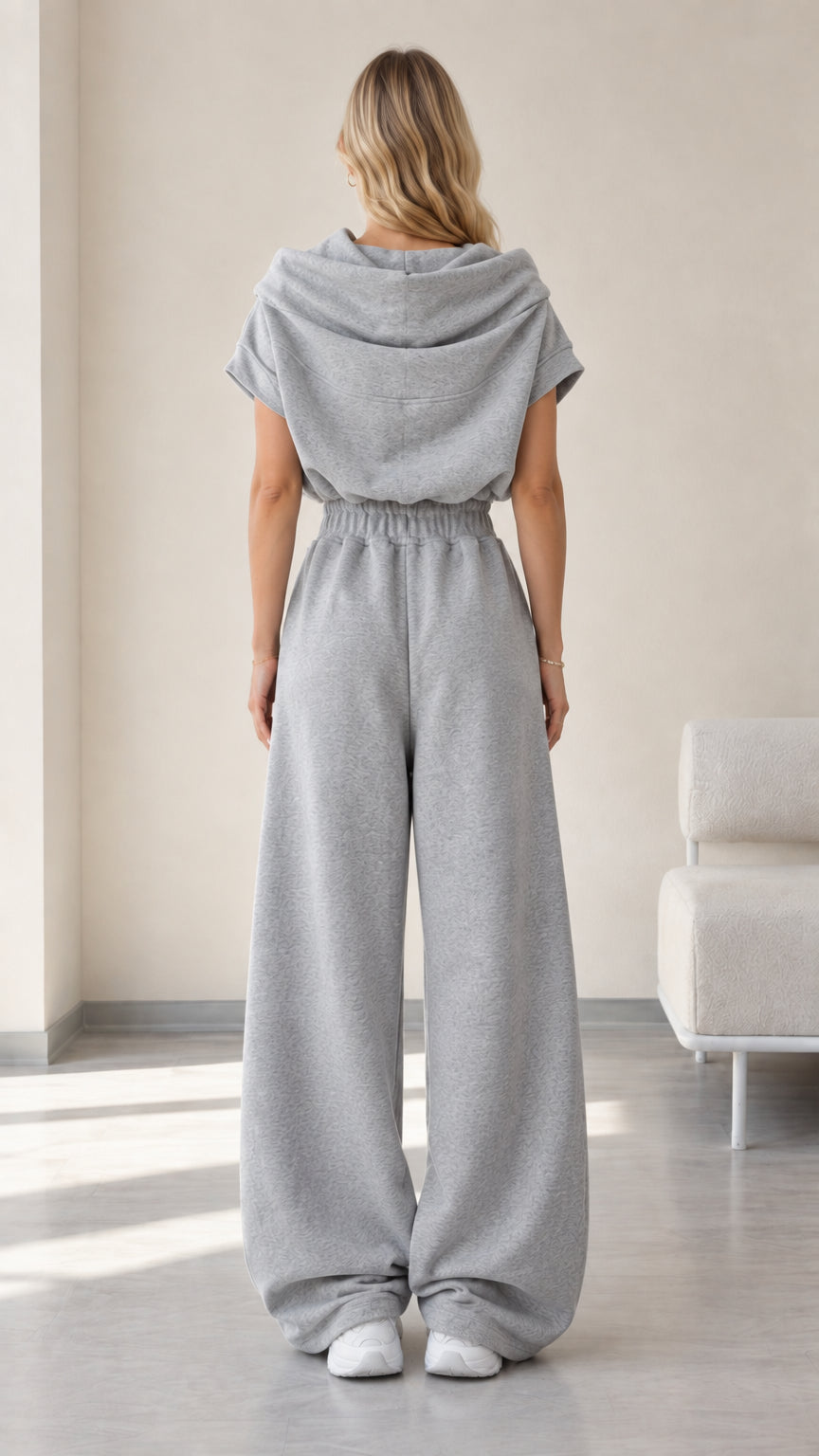 Back full-length view of heather grey cowl neck top and relaxed sweatpants lounge set