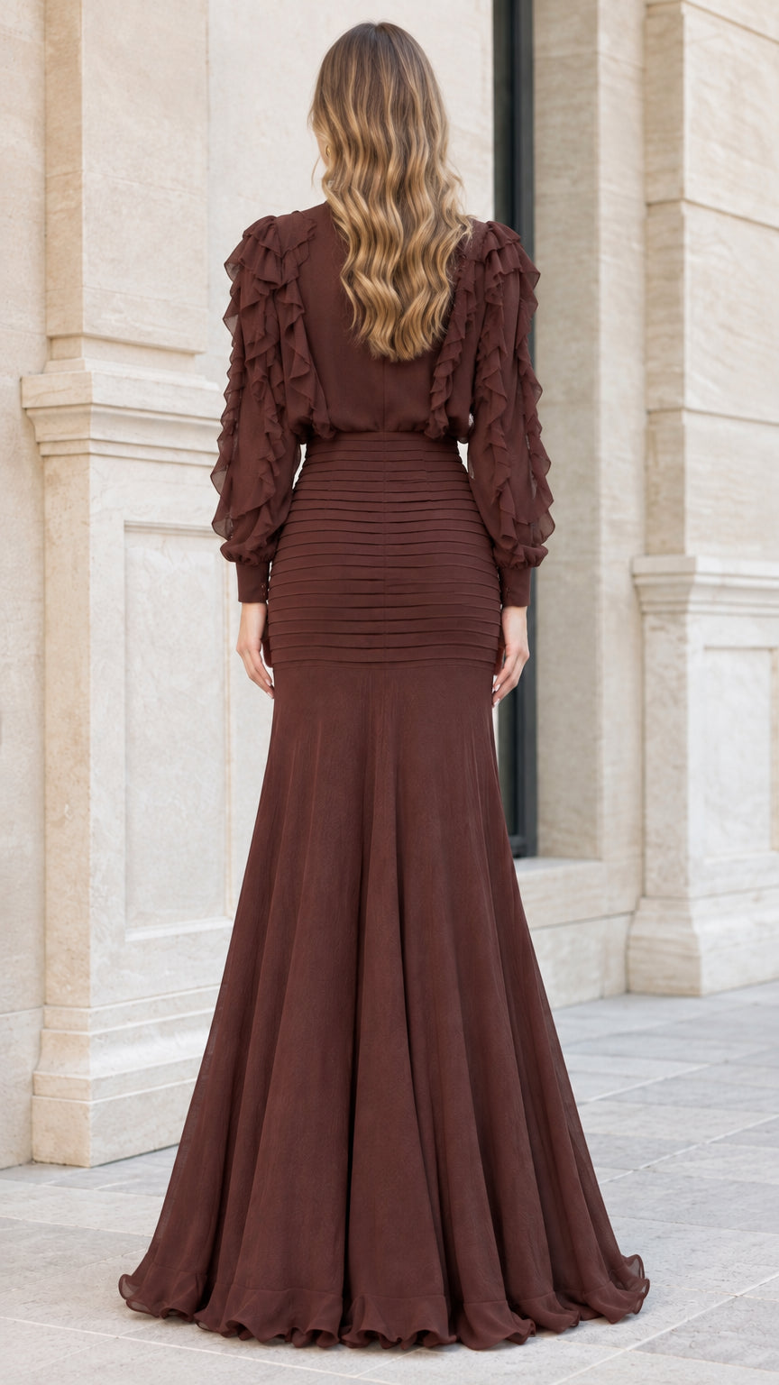 Back view of model in Chocolate Brown floor-length ruffled formal gown