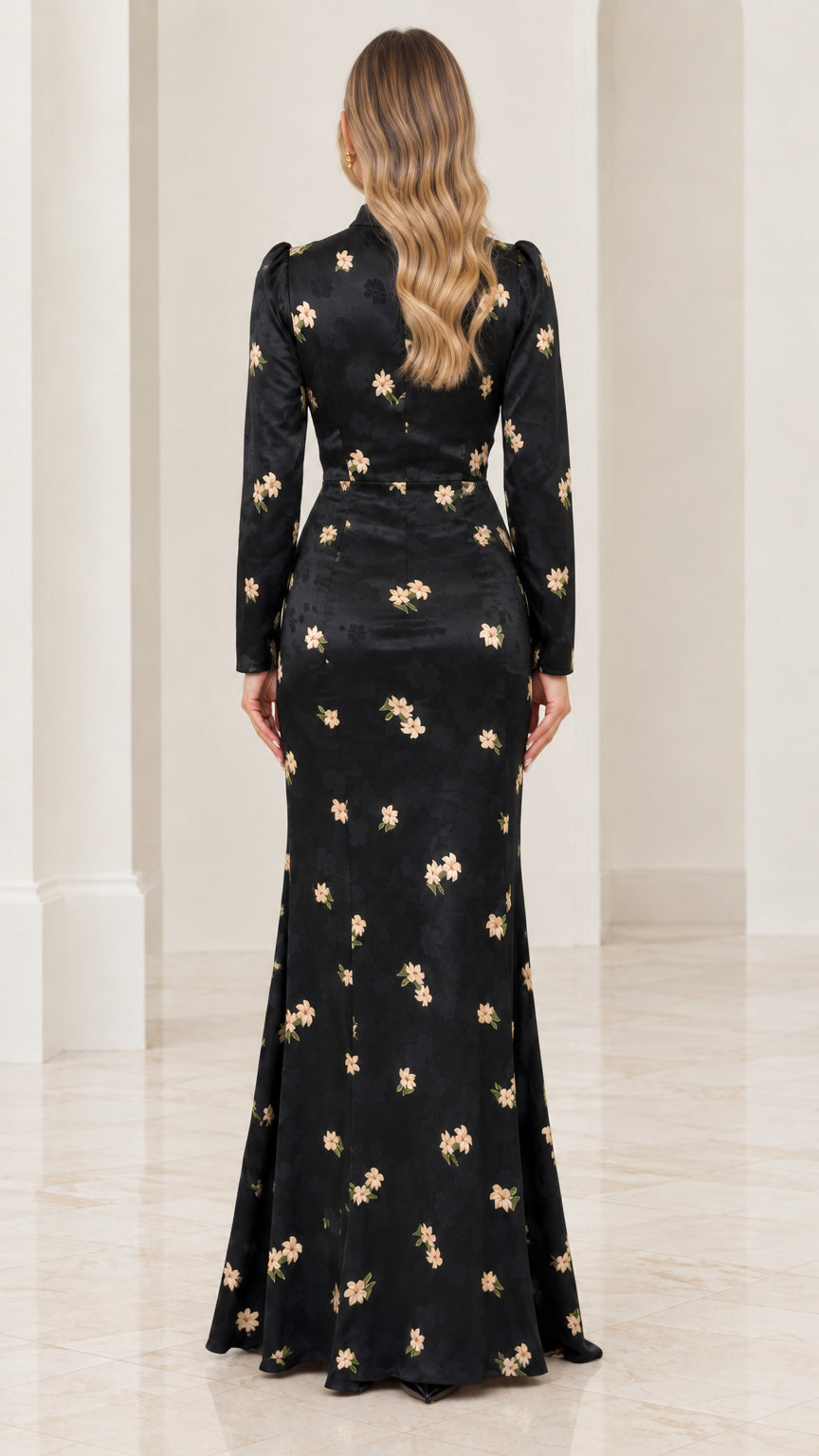 Back view of black long sleeve formal evening gown