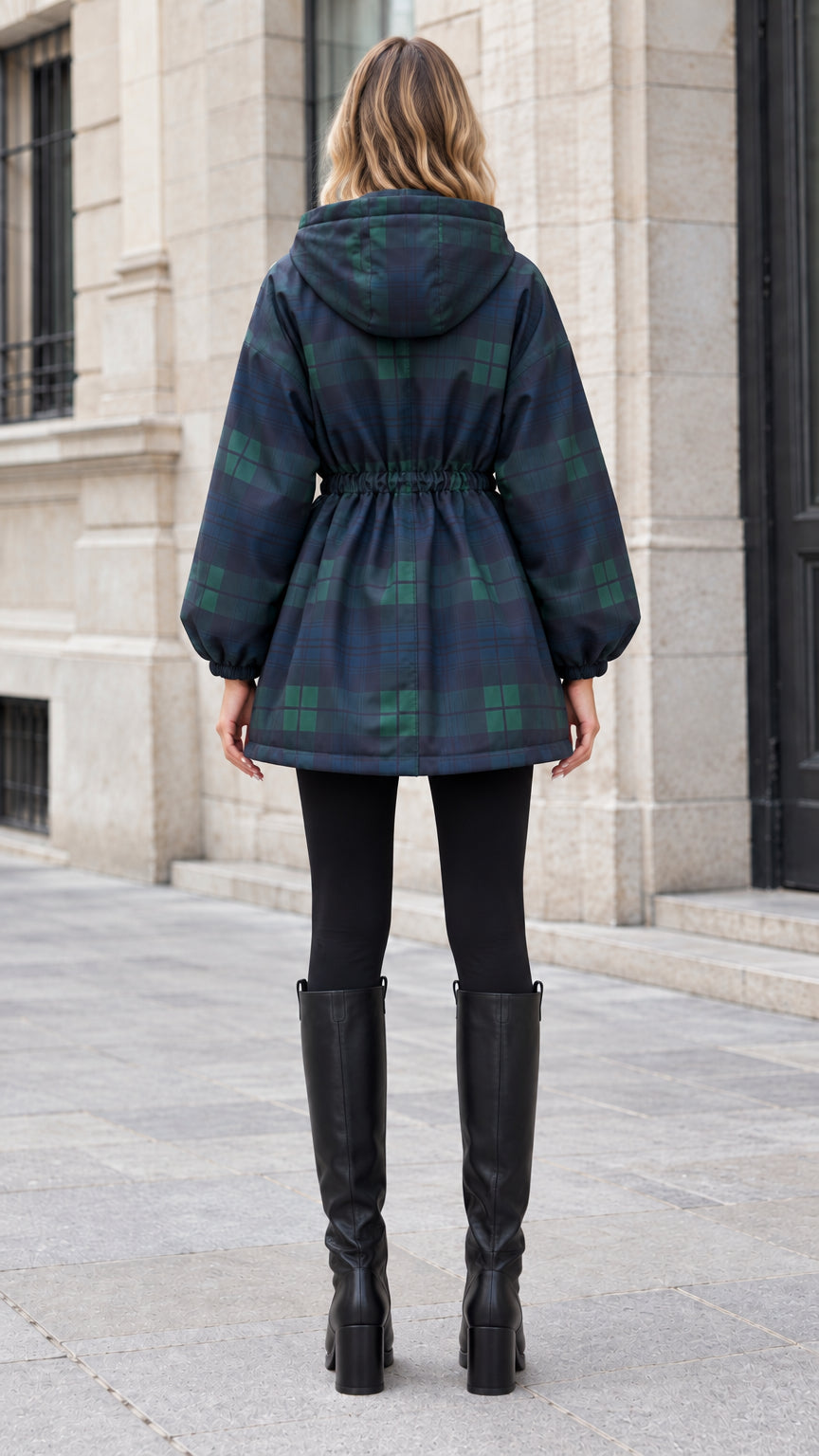 Back view of woman wearing navy green plaid hooded parka showing hood and waist drawstring detail