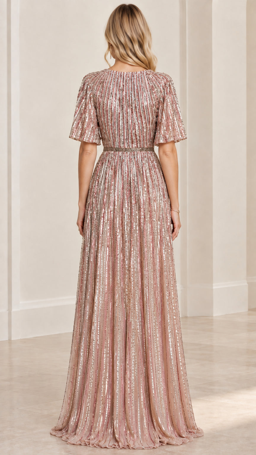Back view of woman wearing dusty rose sequin floor-length evening gown