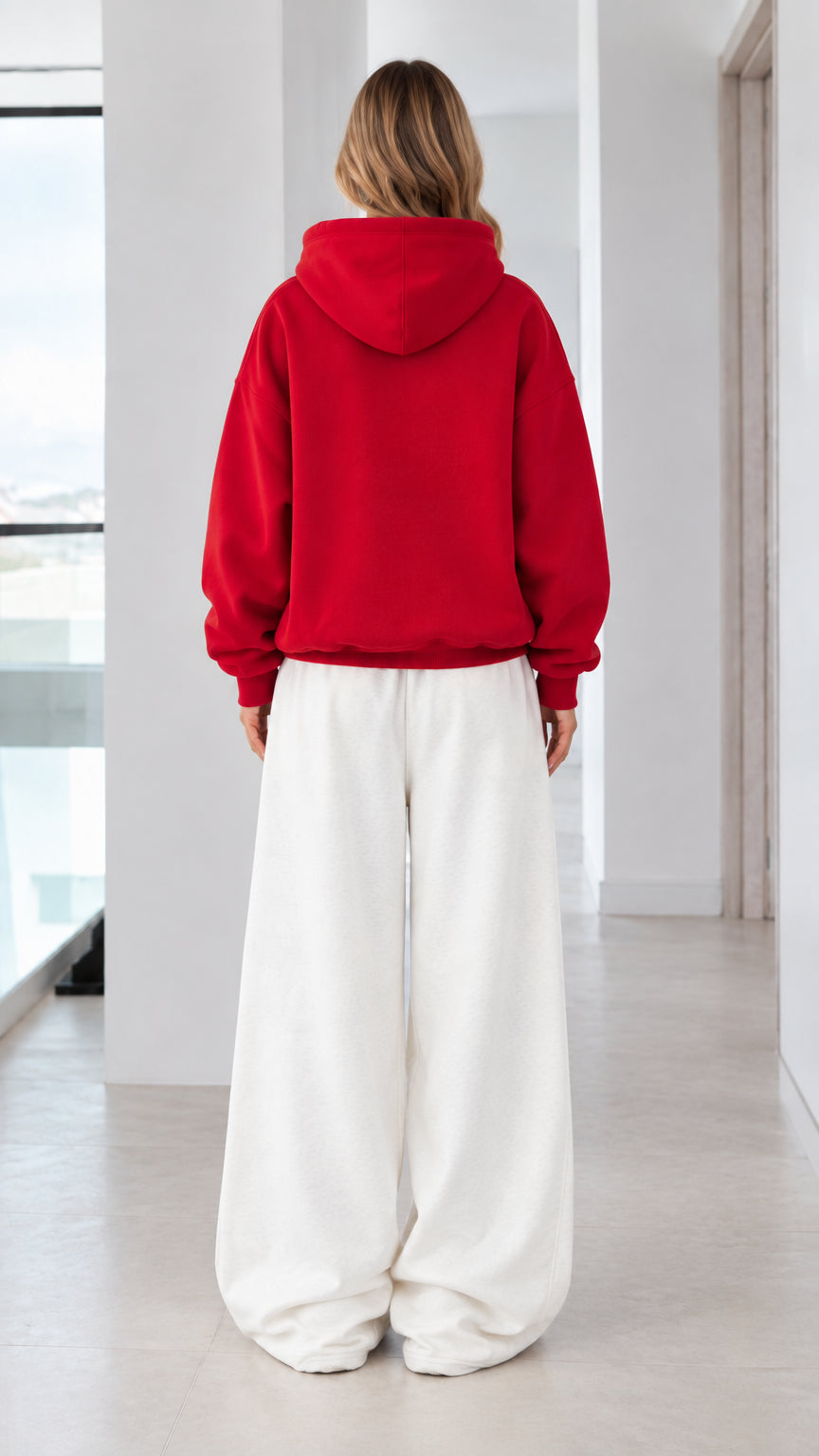 Women's red casual fleece hoodie - back view