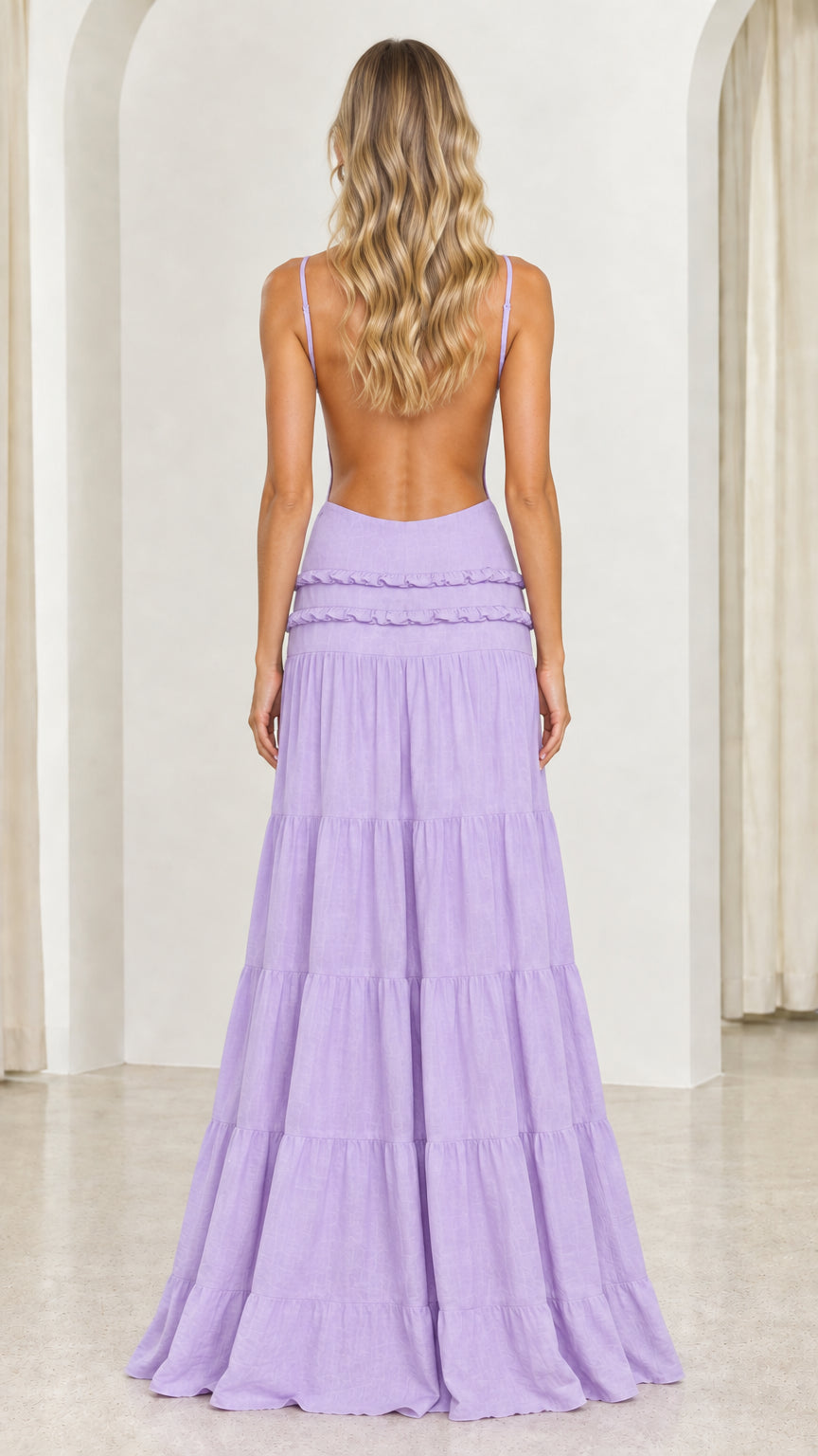 Back view of Lavender open back tiered sundress