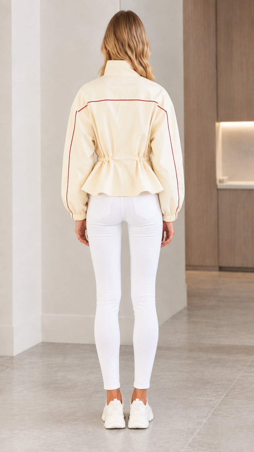 Back view of cream drawstring waist jacket showing clean back seam detail