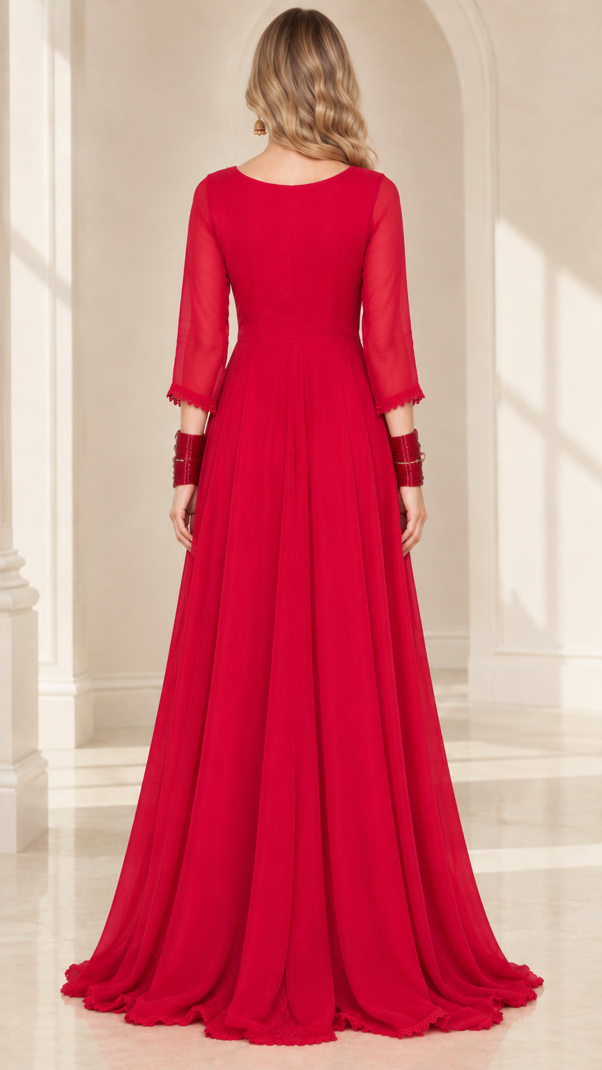 Back view of model wearing elegant red chiffon evening gown showing fitted back and zipper