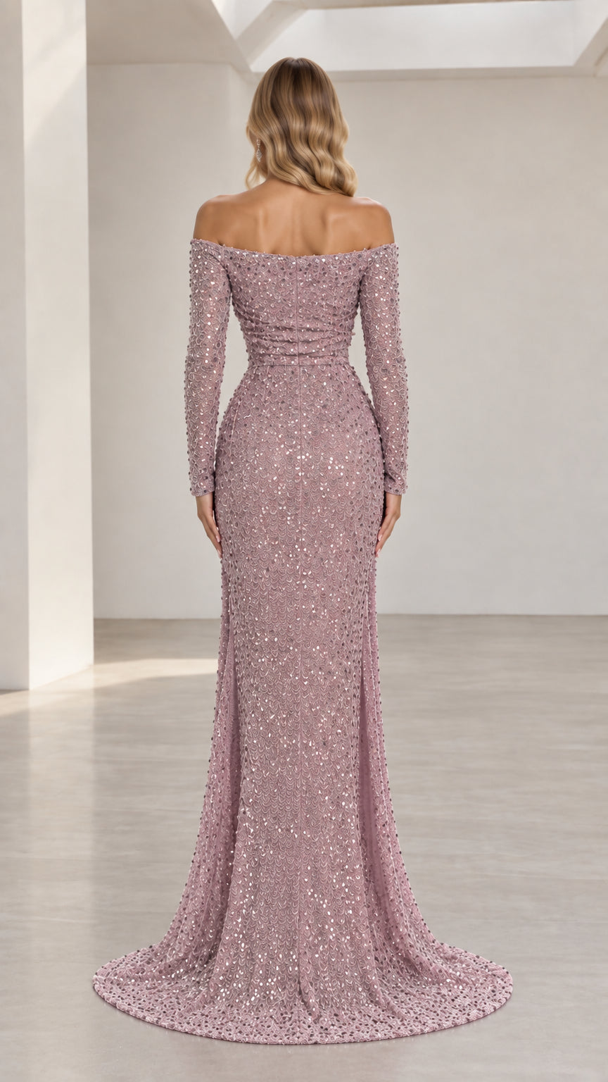 Back view of dusty mauve sequin evening gown highlighting the fit and sweep train