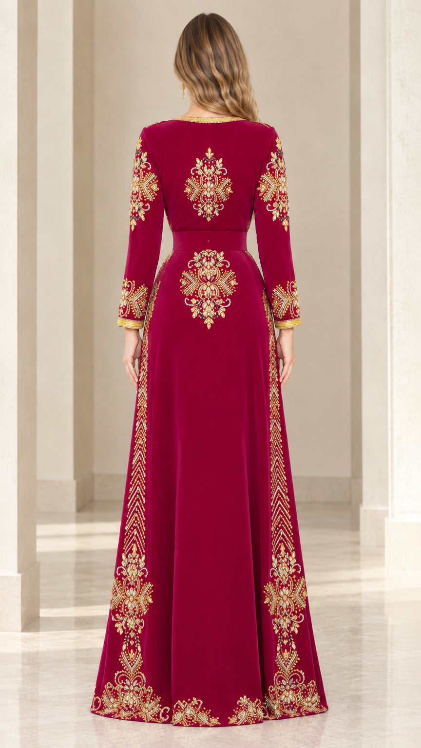 Burgundy velvet evening kaftan back view showing ornate gold embroidery details