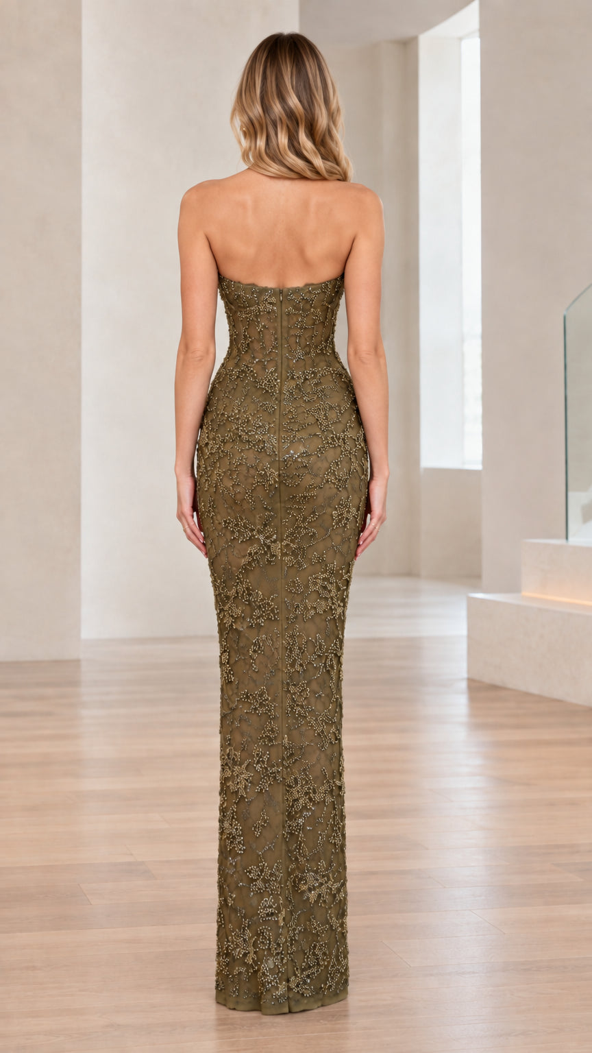 Back view of strapless beaded column evening gown in olive green