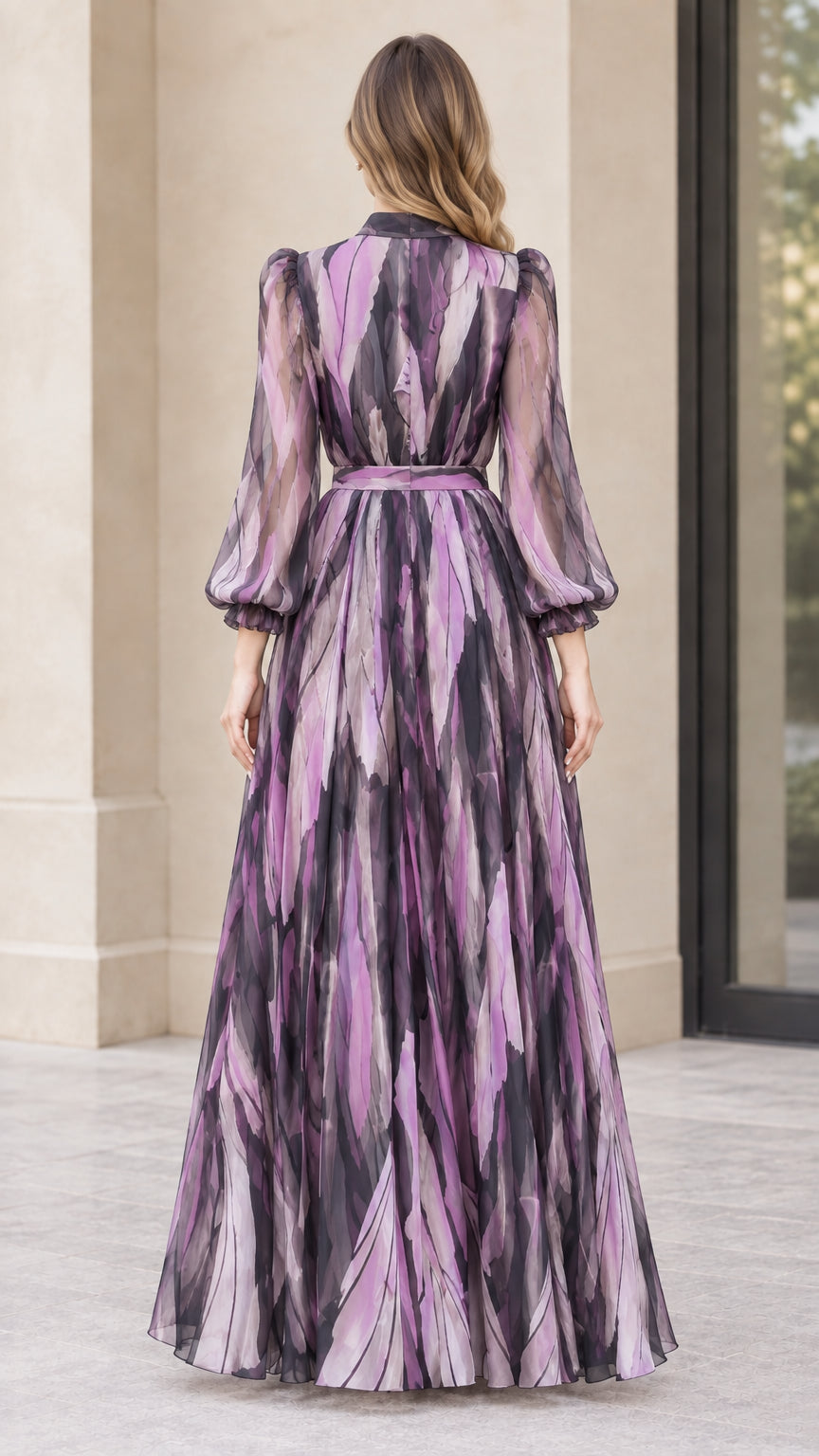 Back view of woman wearing flowing purple brushstroke print floor-length dress