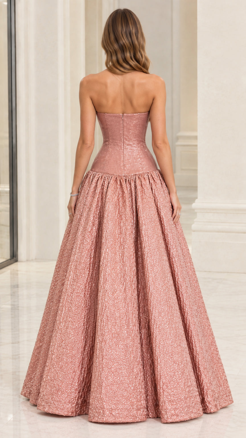 Back view of model in Rose Gold strapless evening gown showing zip closure