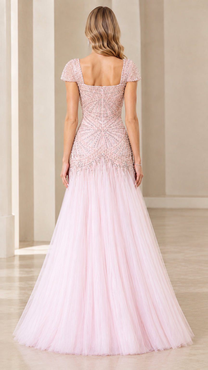 Back view of blush pink square back beaded formal evening dress