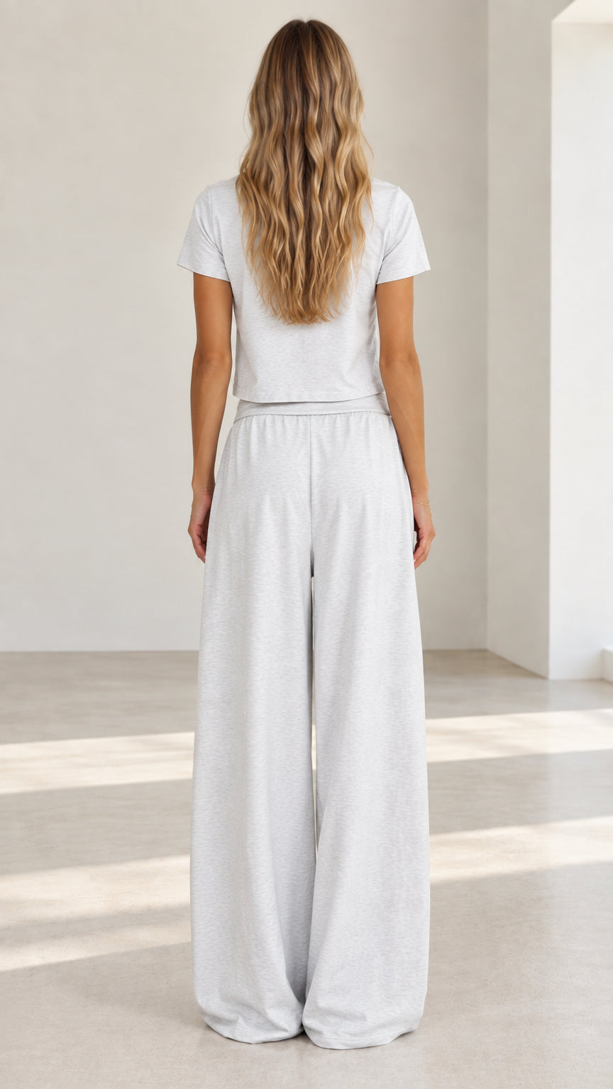 Back view of model wearing light grey short sleeve crop top and wide leg pants set