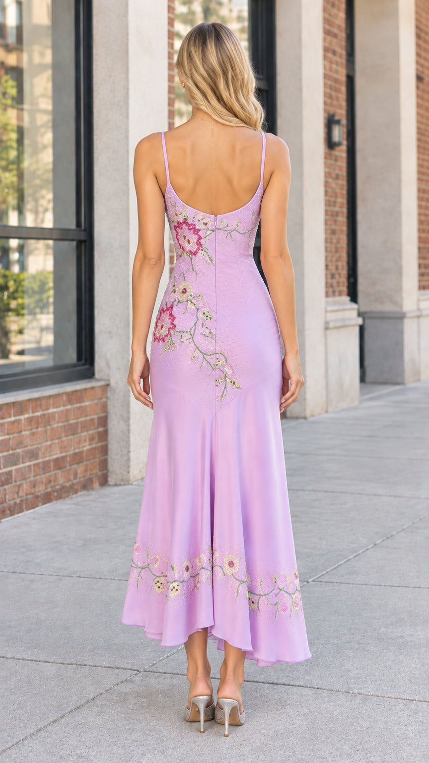 Back view of woman wearing lavender embroidered evening dress with low back and zipper