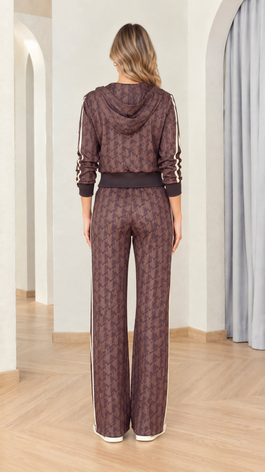 Back view of women's brown hooded tracksuit jacket and wide-leg trousers
