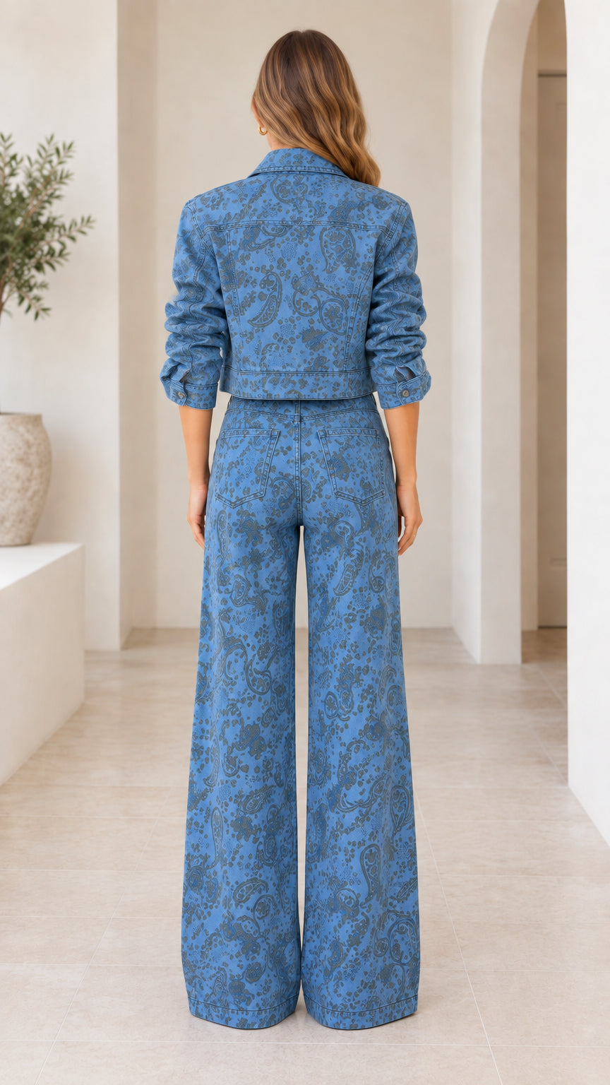 Back view of model wearing Denim Blue paisley print cropped jacket and wide-leg pants
