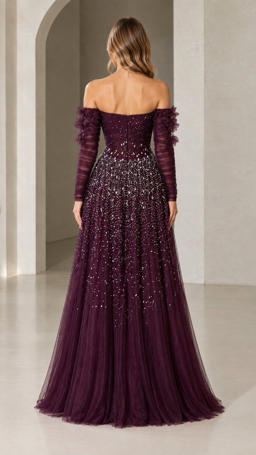 Back view of plum off-the-shoulder formal maxi dress with open back