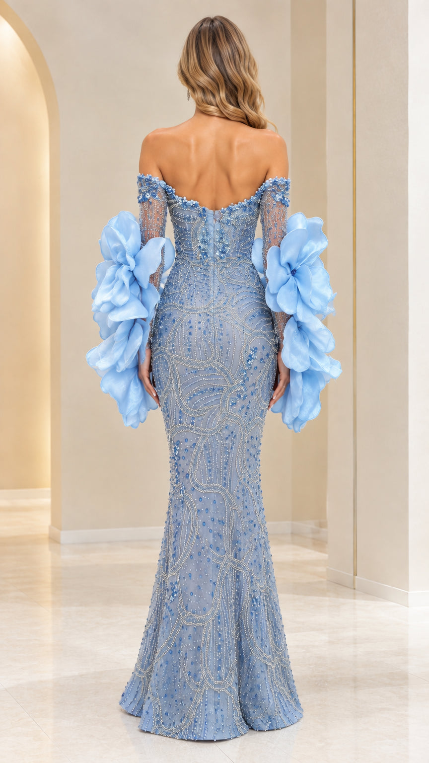 Back view of model in Light Blue floor-length beaded formal gown