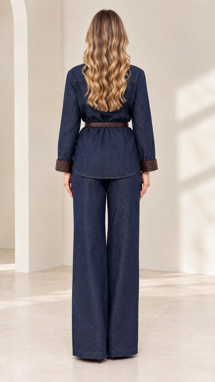 Back view of model wearing Dark Blue long sleeve belted shirt and wide trousers