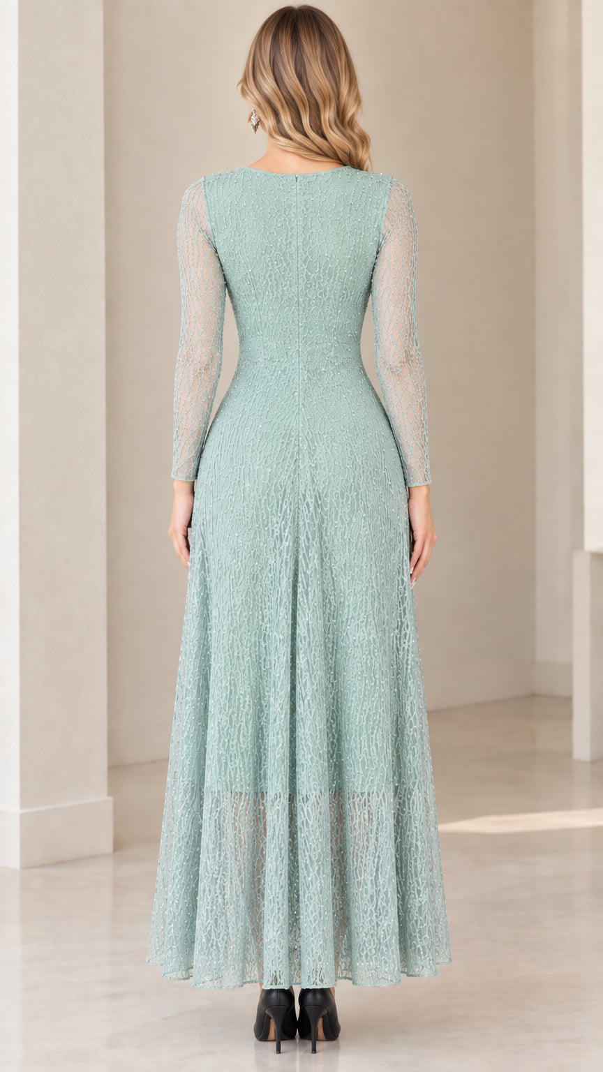 Back view of Sage Green A-line lace evening gown with zipper
