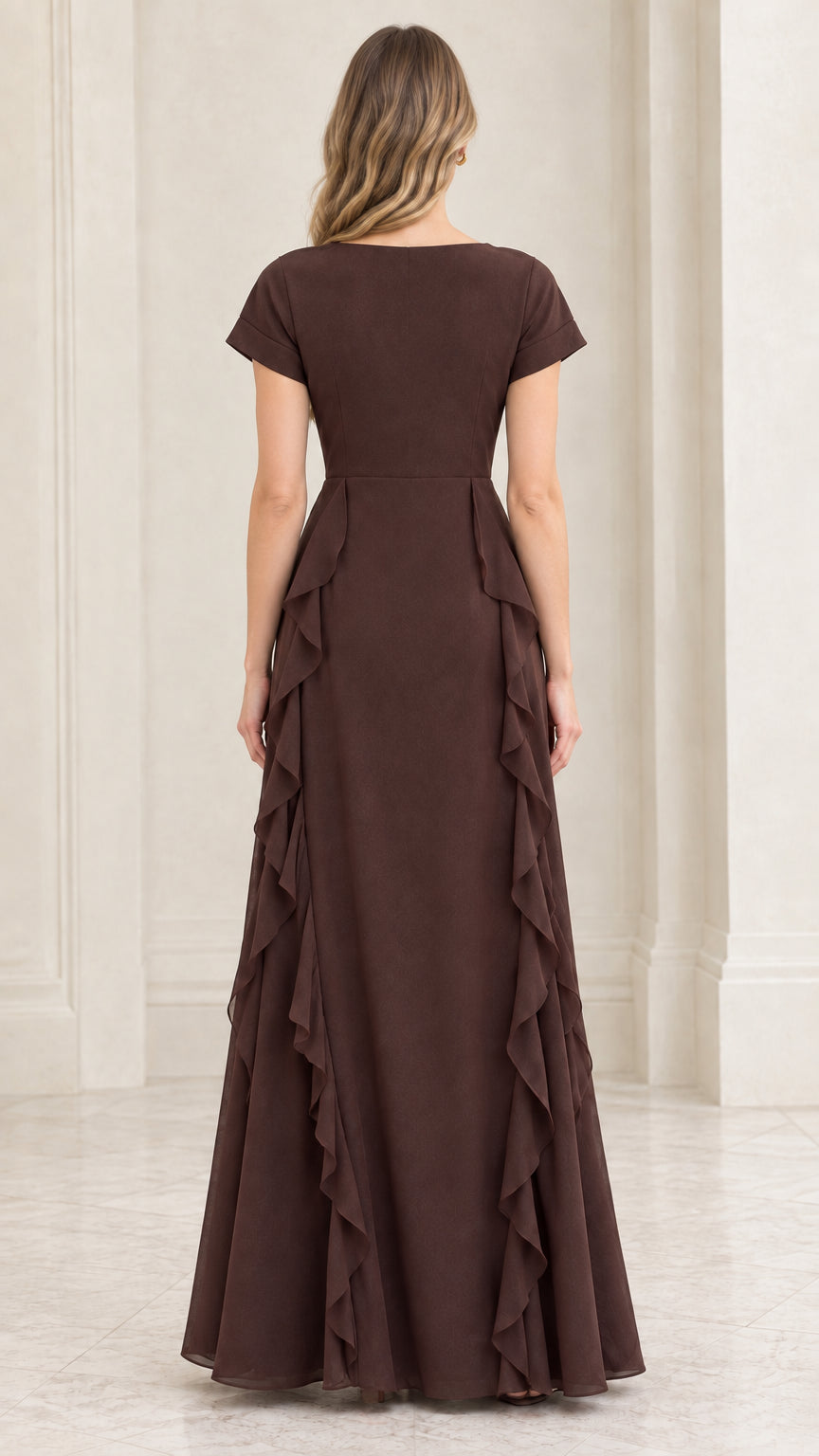 Back view of woman in chocolate brown floor length formal dress