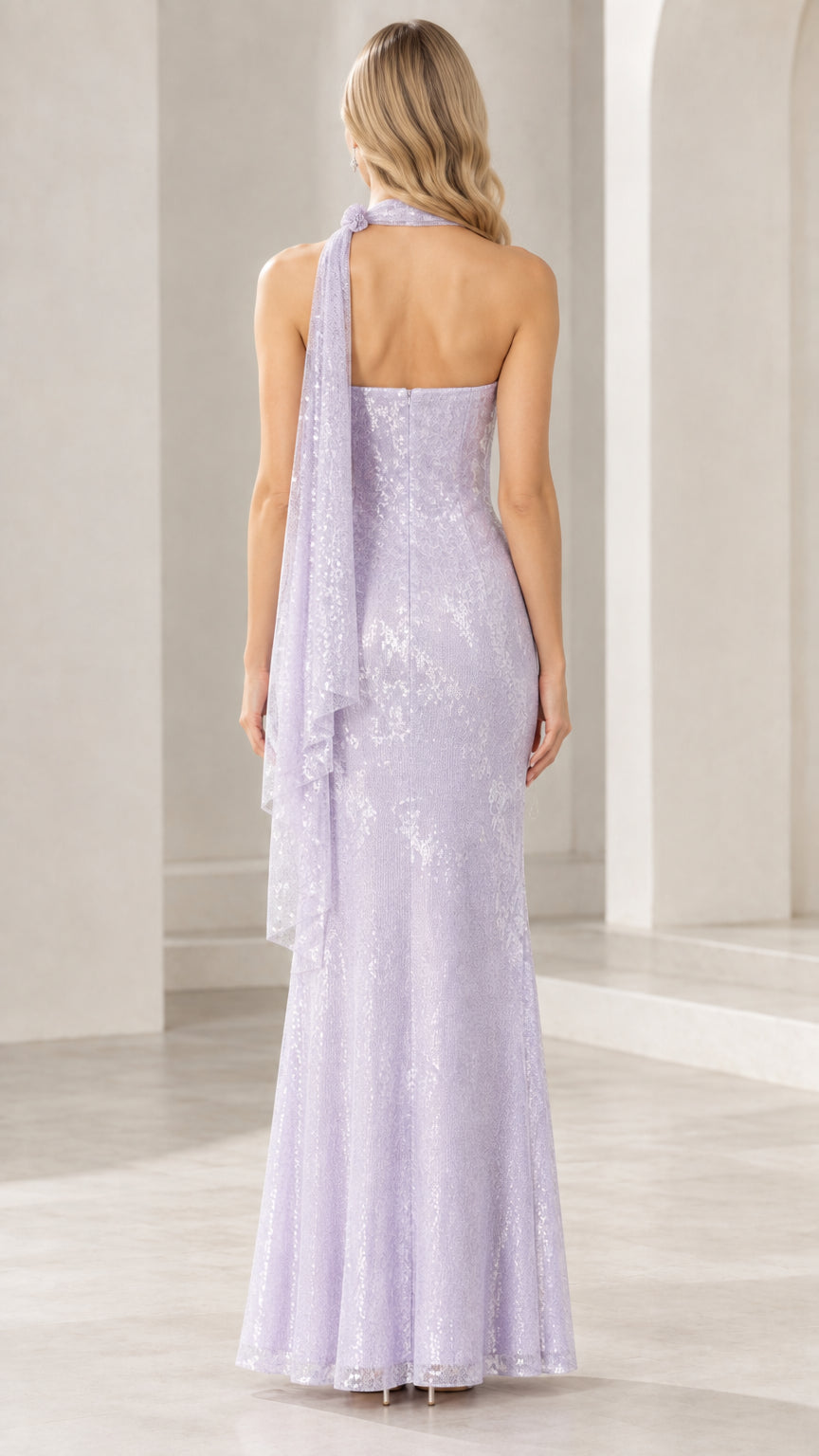 Back view of lavender strapless evening dress with back neck drape