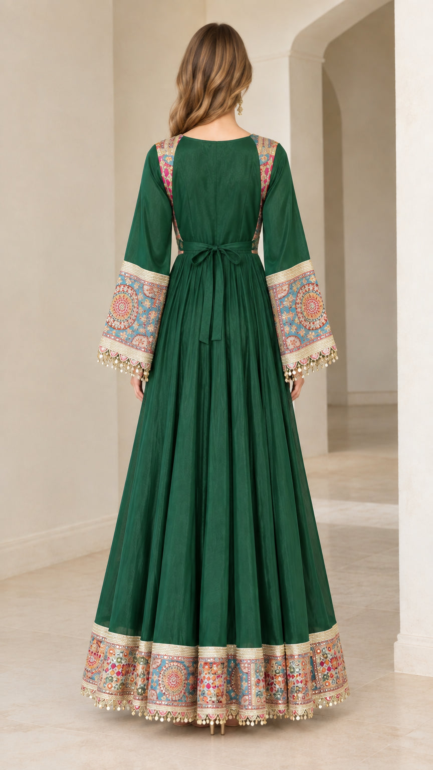 Emerald Green maxi dress back view showing waist tie belt
