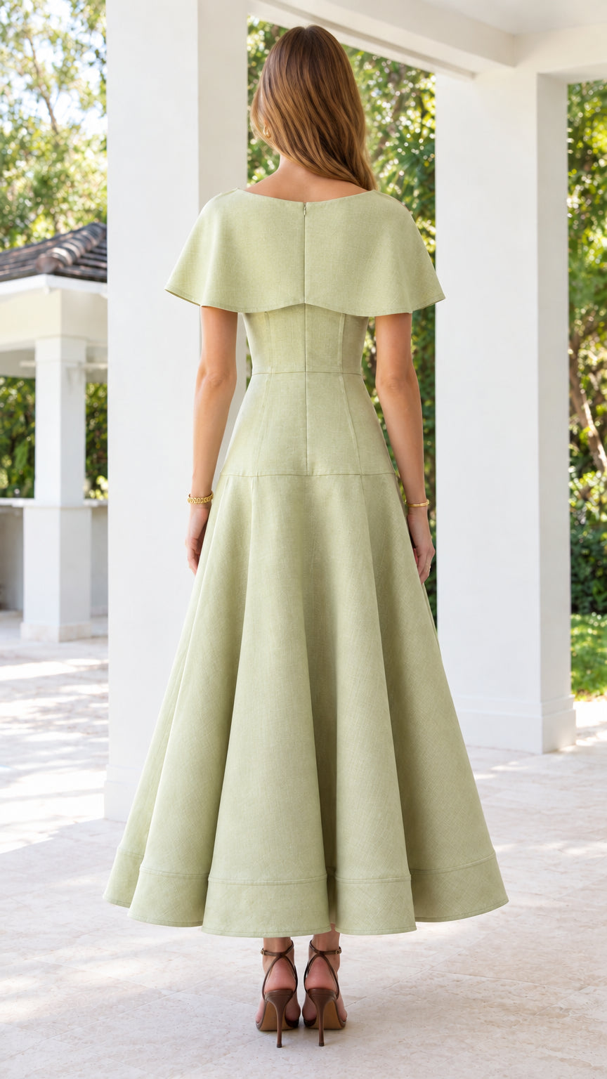 Back view of sage green A-line midi dress showcasing draped capelet
