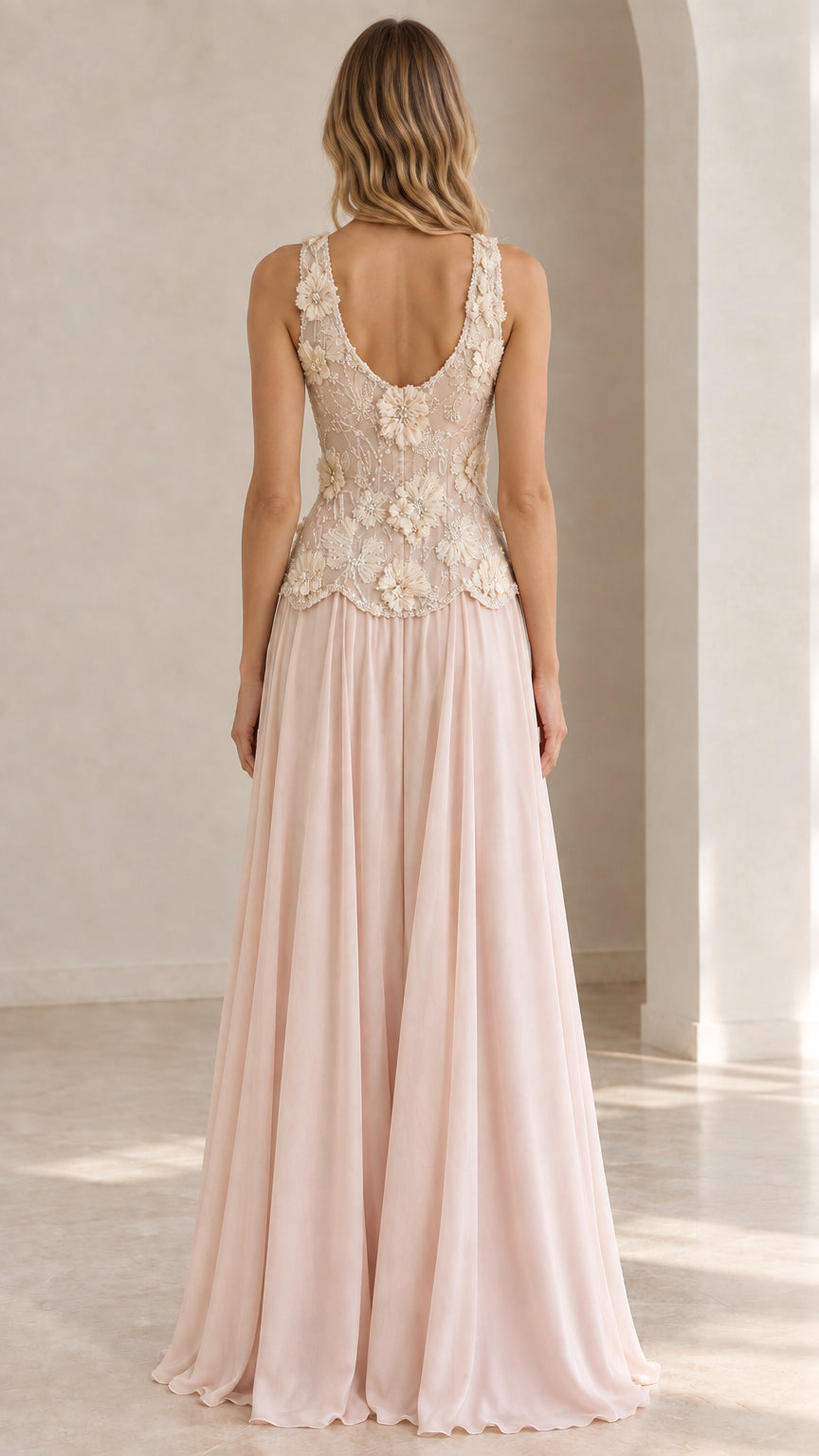 Back view of model in Blush Pink V-neck back chiffon maxi dress