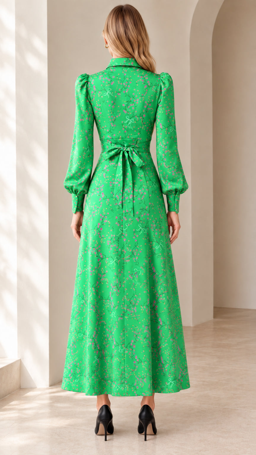 Back view of Emerald Green floral maxi dress showing tie-back waist design