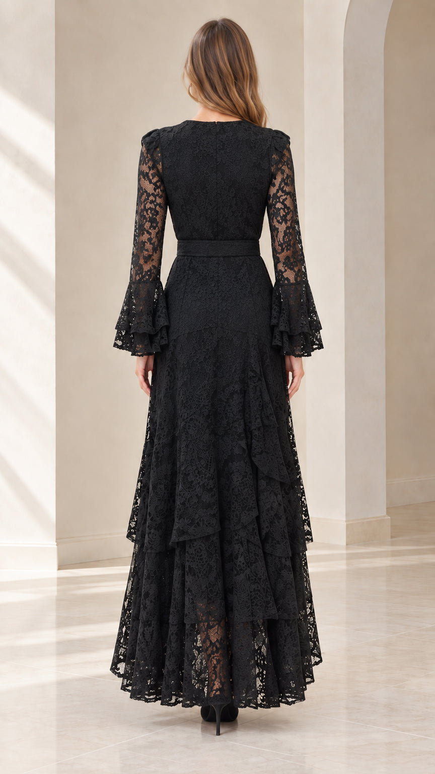 Back view of black long sleeve lace formal maxi dress