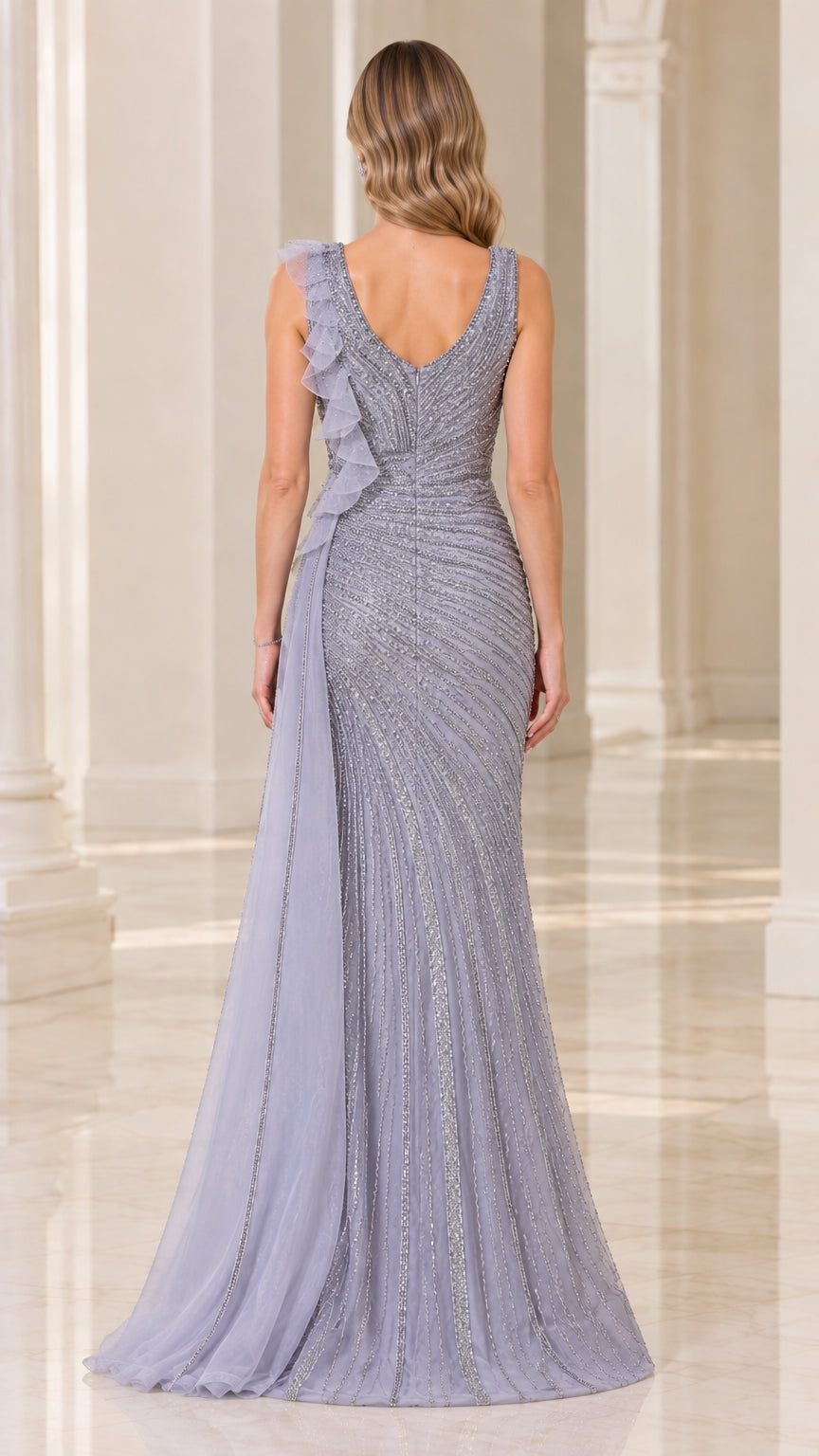 Dusty Blue mermaid formal dress back view featuring V-back and flowing side drape