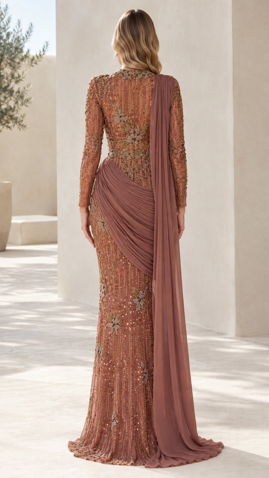 Back view of rust sequined illusion formal gown