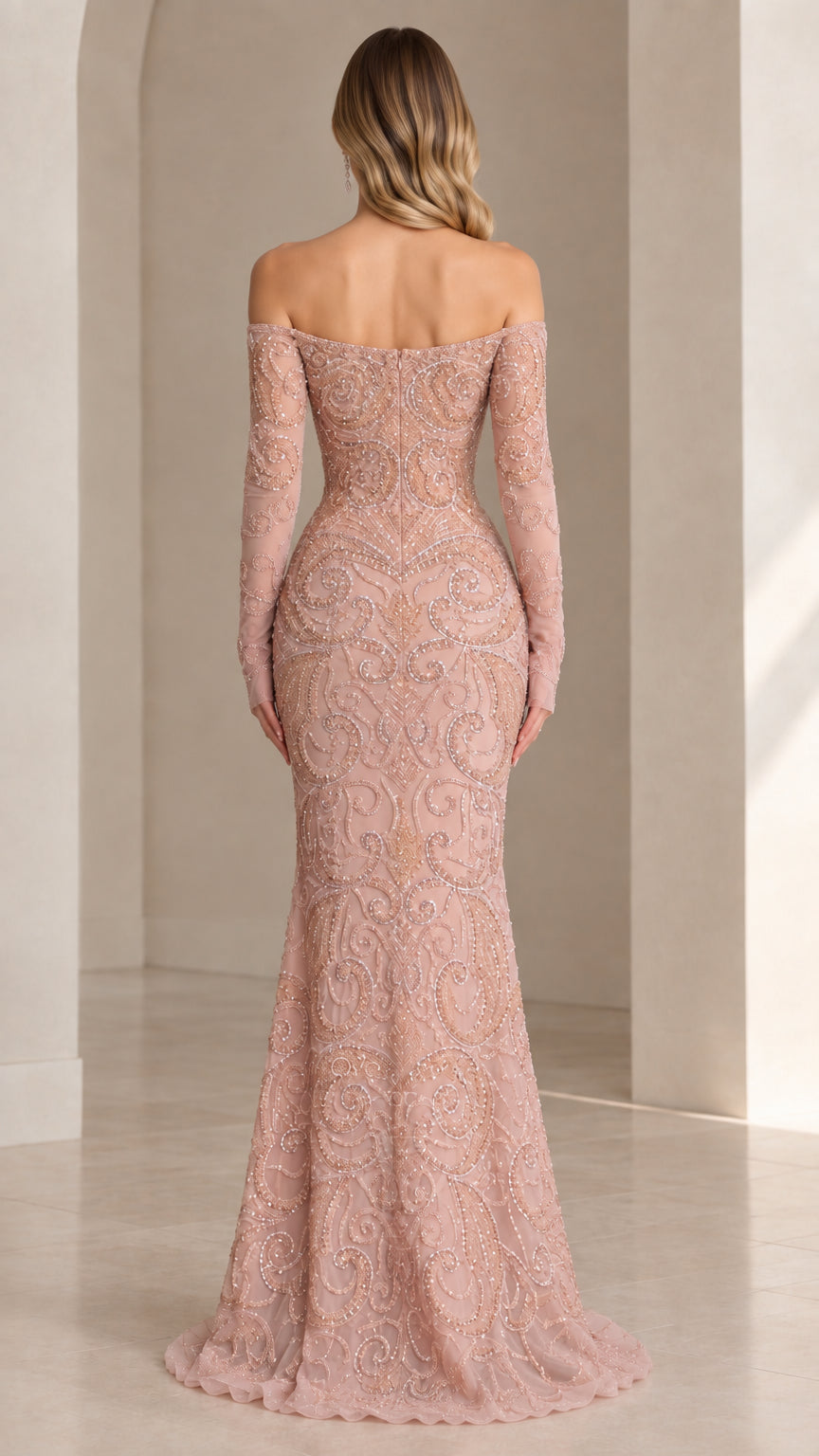Back view of woman wearing dusty rose off-the-shoulder beaded mermaid dress