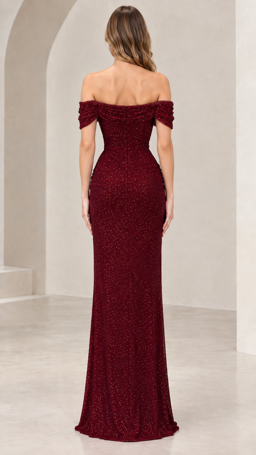 Back view of model in burgundy glitter evening gown