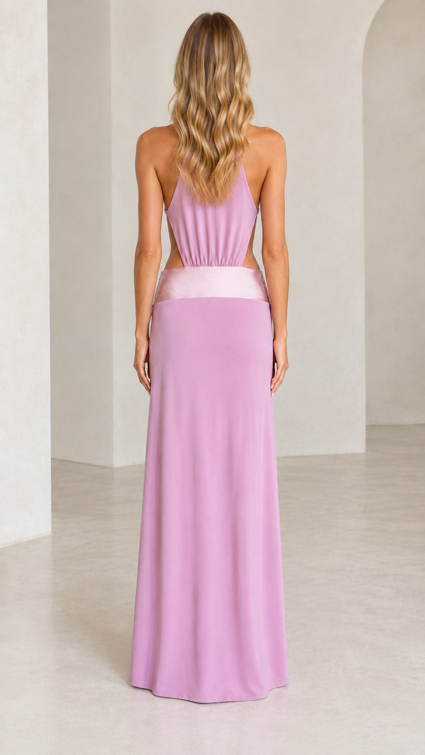 Lilac open back halter cutout maxi dress back view