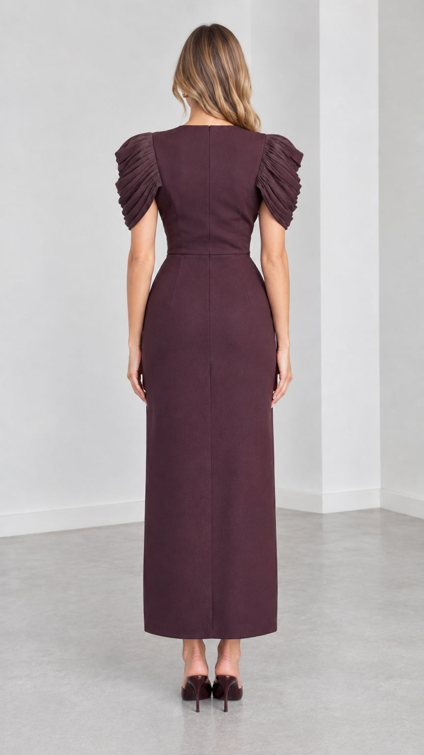 Back view of Plum fitted column maxi dress with pleated cap sleeves