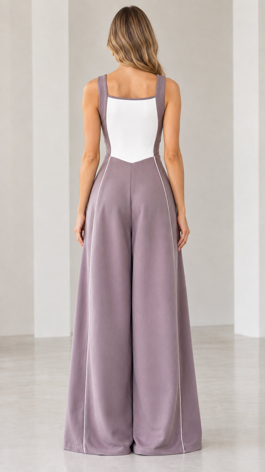 Back full-length view of woman wearing mauve colorblock cutout wide-leg jumpsuit