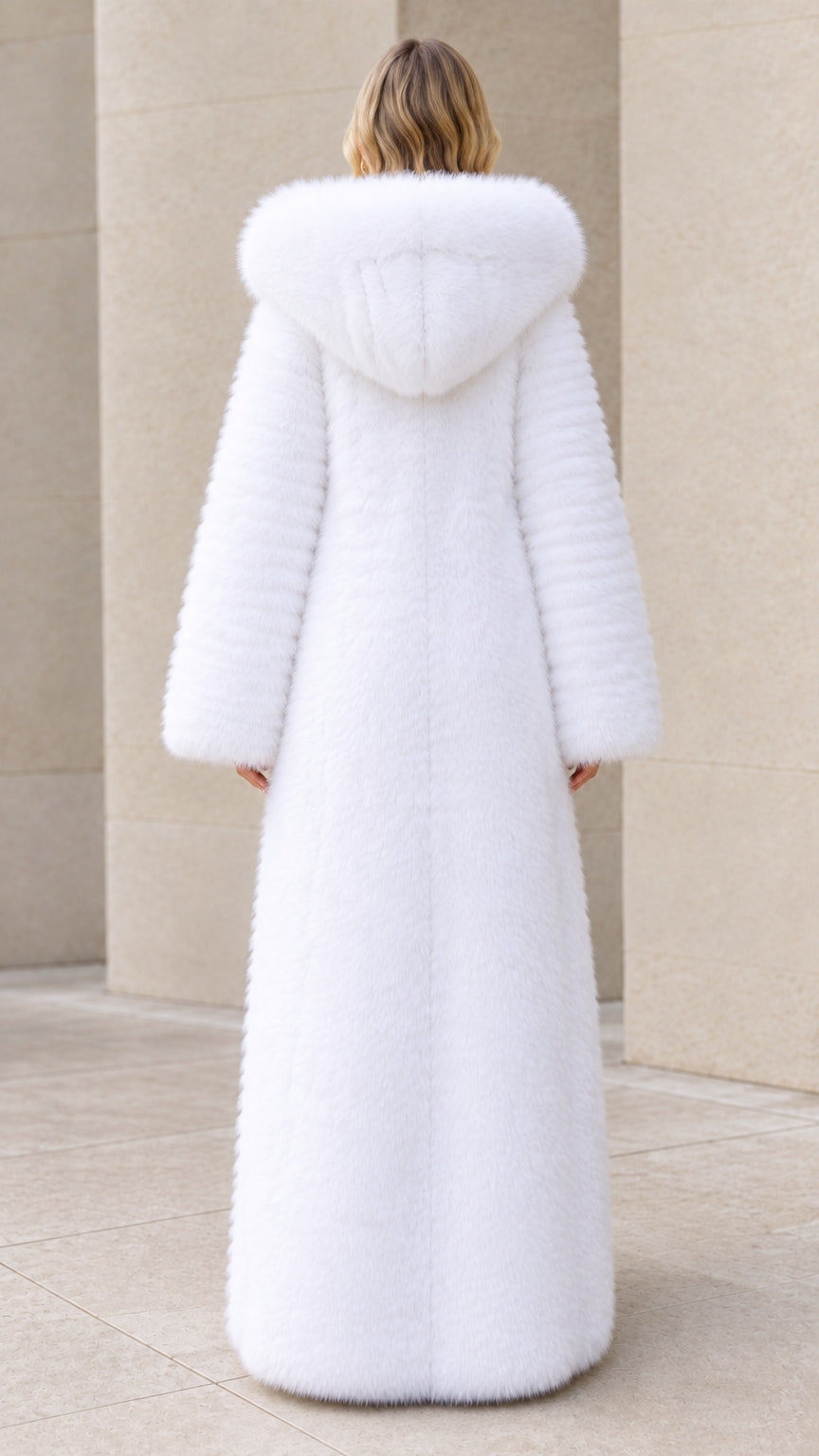 Back view of women's white hooded long faux fur winter coat