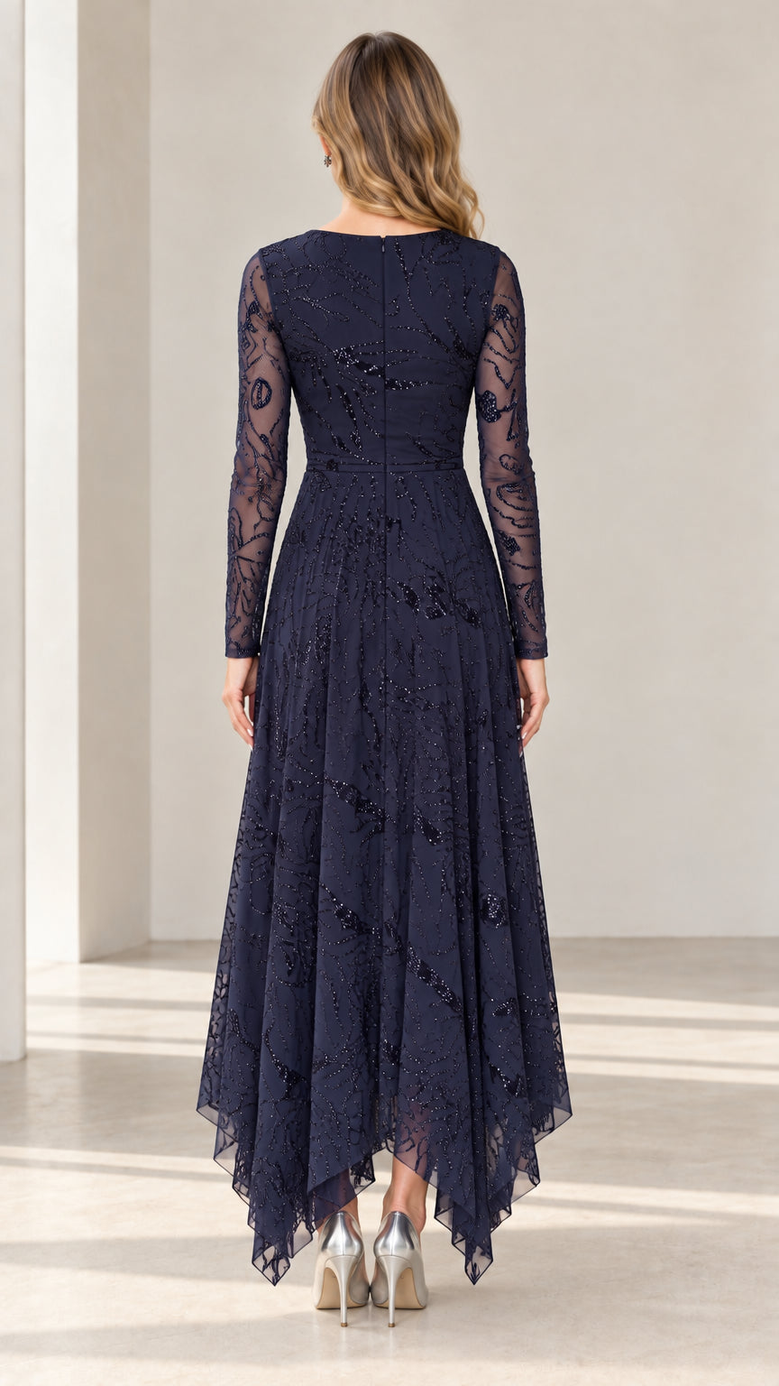 Back view of navy blue sequined long sleeve midi evening gown showing rear zipper closure