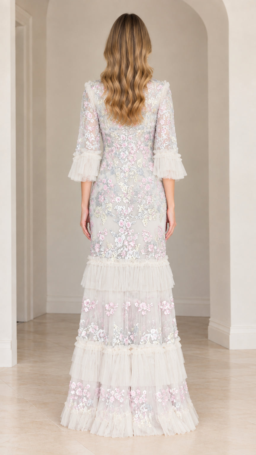 Back view of Ivory White sequin embroidered floor-length gown