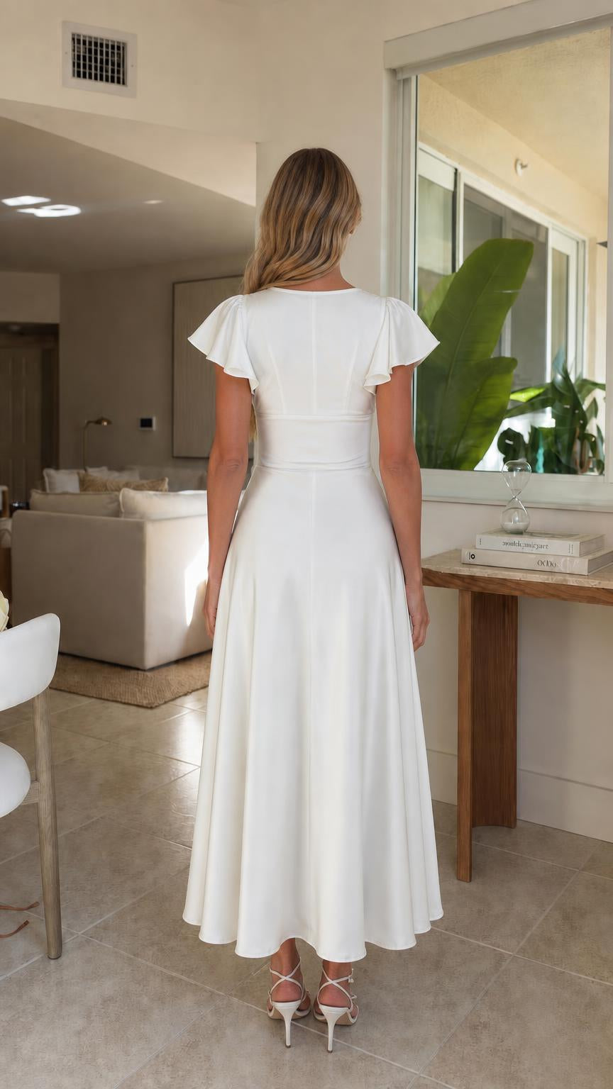Back view of woman in white midi dress