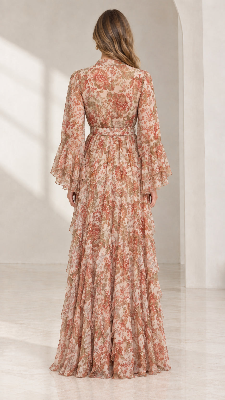 Back view of full-length floral chiffon evening gown