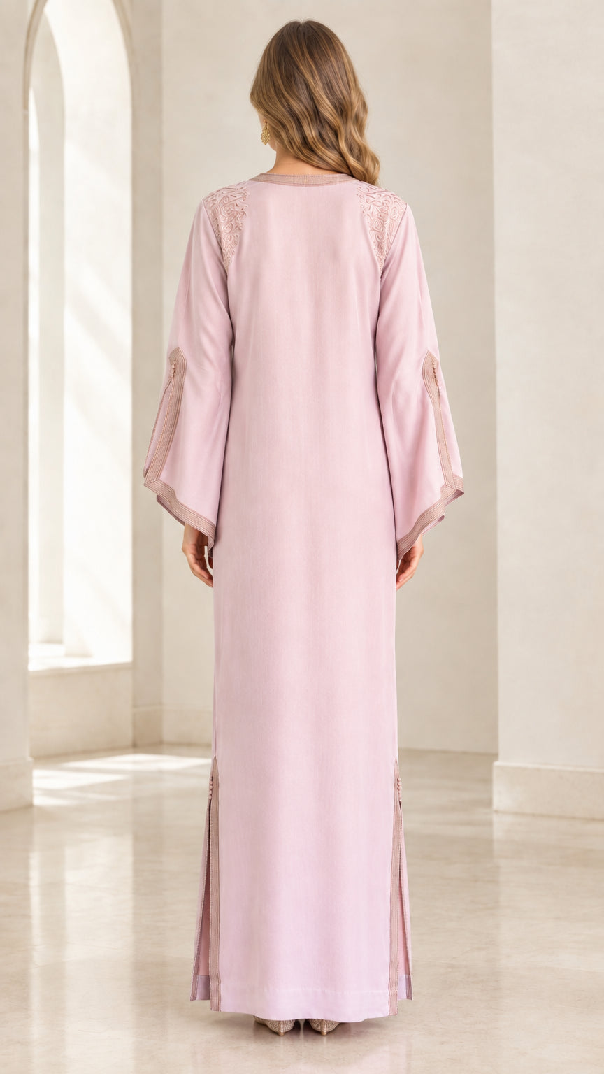 Back view of woman wearing Dusty Pink floor-length kaftan dress